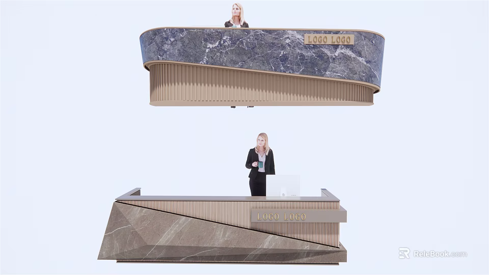 Elegant Modern Reception Desk With Marble Counter And Wooden Panels 3d model 
