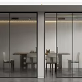 Modern Glass Sliding Doors In Dining Area Interior With Wooden Table And Chairs