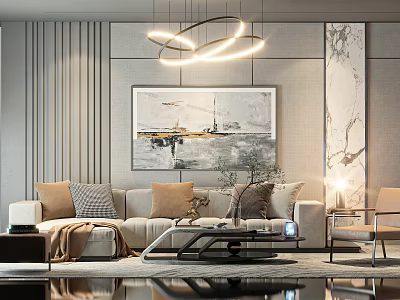 Modern Sofa And Coffee Table Set With Decorative Pillows Abstract Wall Art And Pendant Lights 3d model