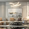 Modern Sofa And Coffee Table Set With Decorative Pillows Abstract Wall Art And Pendant Lights