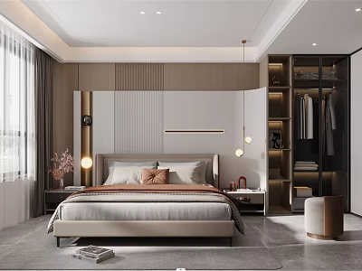 Modern Bedroom Interior With Bed Headboard Wall Nightstands Table Lamps Open Wardrobe And Curtains 3d model