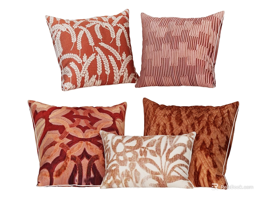 Decorative Throw Pillows with Warm Terracotta Rust and Brown Floral Striped Patterns for Home Decor 3d model 