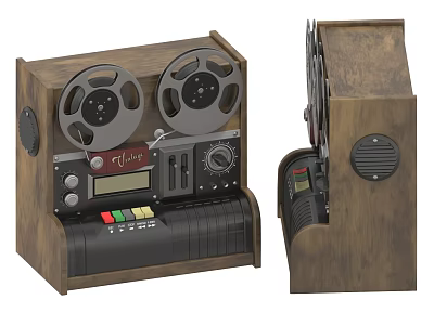 Vintage Tape Recorder With Wooden Case Dual Reels Control Buttons And Speaker 3d model
