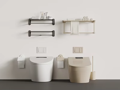 Modern Bathroom Interior With Two Colored Toilets Toilet Paper Holders Shelves Towel Bars And Brush 3d model