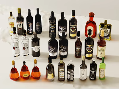 Various Types of Alcohol Bottles and Glasses with Different Colors Arranged on White Background 3d model