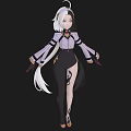 Anime Style Woman With White Black Long Hair Purple Top Black Split Pants Holding Daggers