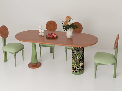 Elegant Oval Wooden Table With Green Padded Chairs And Decorative Vase Fruits 3d model