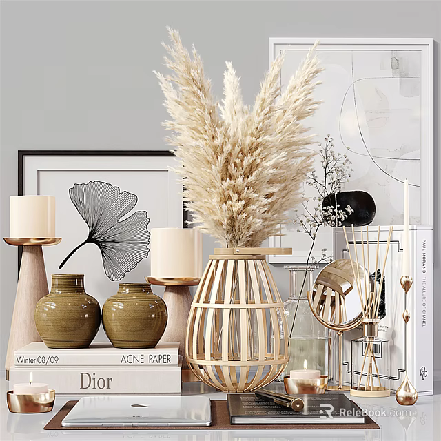 Modern Decorative Ornament Set With Pampas Grass Candles Ceramic Vases Picture Frame And Mirror Accents 3d model 