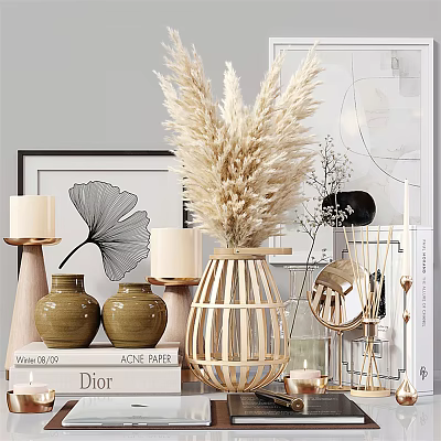 Modern Decorative Ornament Set With Pampas Grass Candles Ceramic Vases Picture Frame And Mirror Accents 3d model