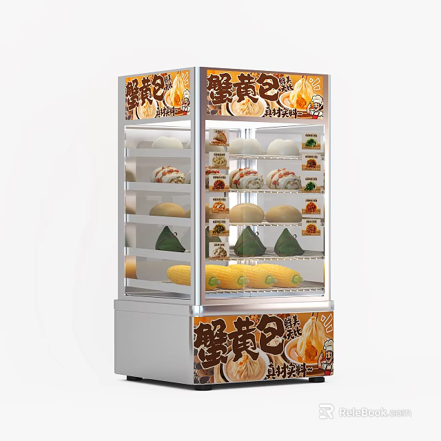 Crab Roe Buns Display Case With Glass Shelves And Chinese Character Labels 3d model 