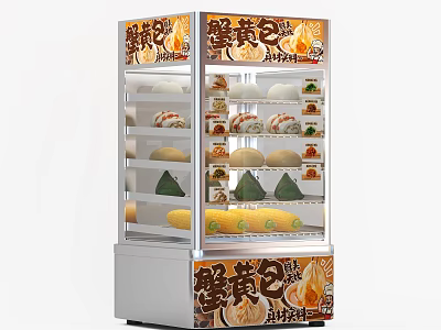 Crab Roe Buns Display Case With Glass Shelves And Chinese Character Labels 3d model