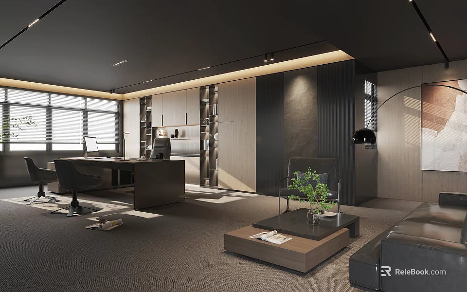 Modern Office Interior With Spacious Layout Wooden Desk Bookshelves Sofa Green Plant Floor-to-Ceiling Windows 3d model 