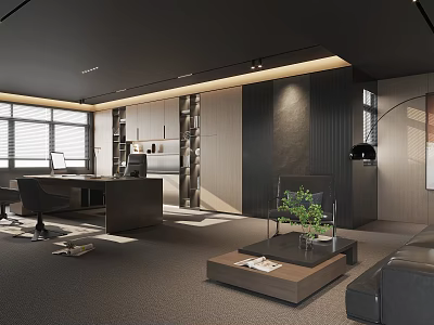 Modern Office Interior With Spacious Layout Wooden Desk Bookshelves Sofa Green Plant Floor-to-Ceiling Windows 3d model