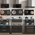 Modern Kitchen Appliances Collection With Range Hoods Stoves Ovens And Cookware
