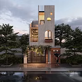 Modern Detached Villa With Circular Windows Lush Greenery And Front Courtyard