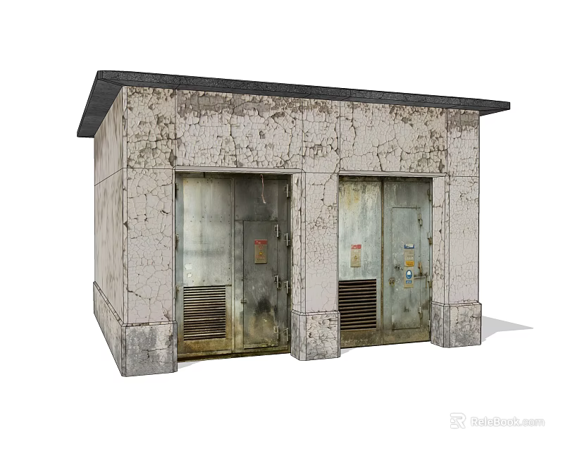 Old Small Building With Weathered Walls Metal Doors Ventilation Grilles And Dark Roof 3d model 