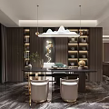 Modern Living and Dining Room With Marble Feature Wall Large Sofa Bookshelves And Pendant Lights