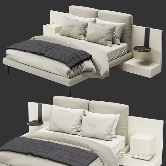 Modern Minimalist Double Bed With Upholstered Headboard Pillows And Side Nightstand 3d model 