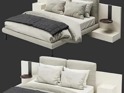 Modern Minimalist Double Bed With Upholstered Headboard Pillows And Side Nightstand 3d model