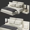 Modern Minimalist Double Bed With Upholstered Headboard Pillows And Side Nightstand