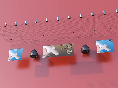 Modern Ceiling Design With Metal Mesh Structure And Hanging Display Elements 3d model