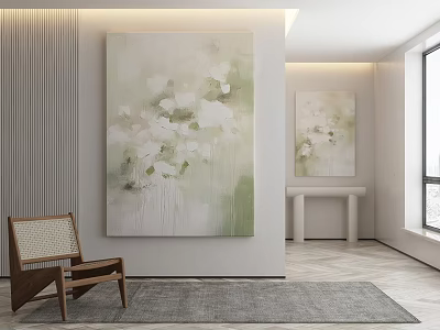 Modern Interior With Large Green White Abstract Floral Painting Wooden Chair And Gray Rug 3d model