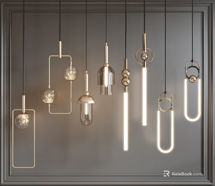 Modern Stylish Pendant Lights With Various Designs Hanging On Gray Background 3d model 