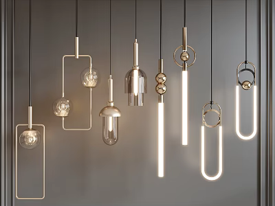 Modern Stylish Pendant Lights With Various Designs Hanging On Gray Background 3d model