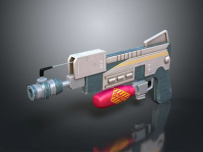 Futuristic Gun Design With Metallic Silver Blue Finish Red Grip And Yellow Stripes 3d model