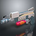 Futuristic Gun Design With Metallic Silver Blue Finish Red Grip And Yellow Stripes