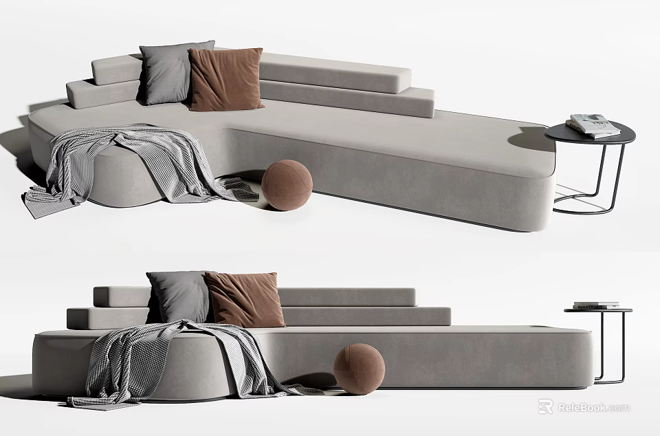 Modern Multi Seat Gray Sofa With Decorative Pillows Soft Blanket And Side Table 3d model 