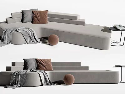 Modern Multi Seat Gray Sofa With Decorative Pillows Soft Blanket And Side Table 3d model
