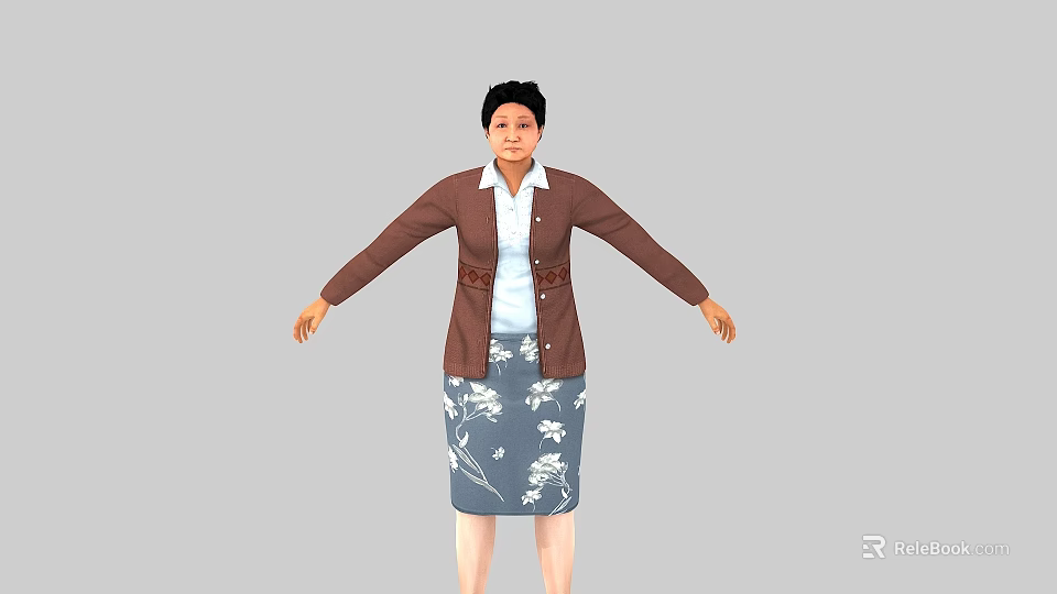 Woman In Brown Cardigan White Blouse And Blue Floral Skirt With Arms Outstretched 3d model 