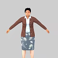 Woman In Brown Cardigan White Blouse And Blue Floral Skirt With Arms Outstretched