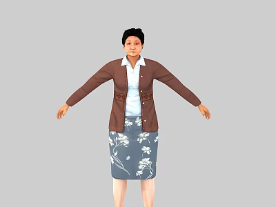 Woman In Brown Cardigan White Blouse And Blue Floral Skirt With Arms Outstretched 3d model