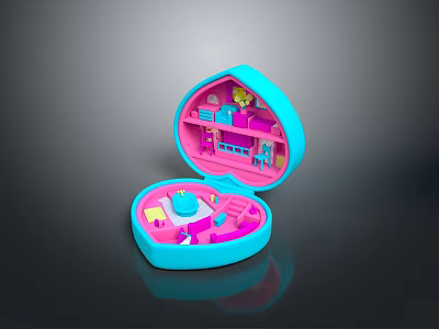 Open Blue Pink Shell Shaped Box With Miniature Furniture Interior Setup 3d model