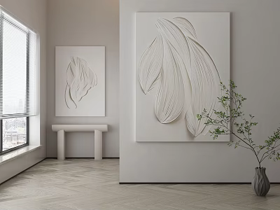 Minimalist Interior With White Walls Textured Leaf Relief Paintings And Green Plant 3d model