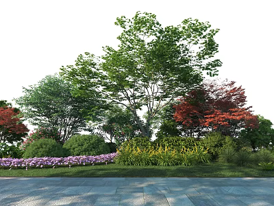 Tall Arbor with Green Leaves Red Foliage Purple Flowers Green Shrubs and Stone Pavement 3d model