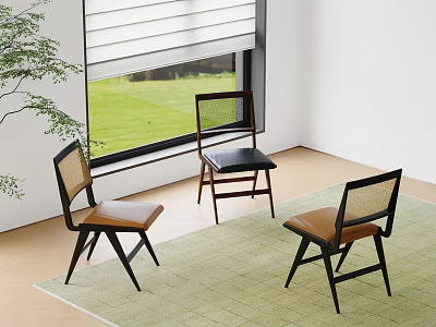 Modern Dining Chairs With Woven Backrest Leather Seat And Dark Frame On Green Rug 3d model