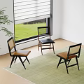 Modern Dining Chairs With Woven Backrest Leather Seat And Dark Frame On Green Rug