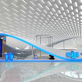 DJI Modern Exhibition Booth Design With Curved Structure Blue Lighting And Display Monitors 3d model