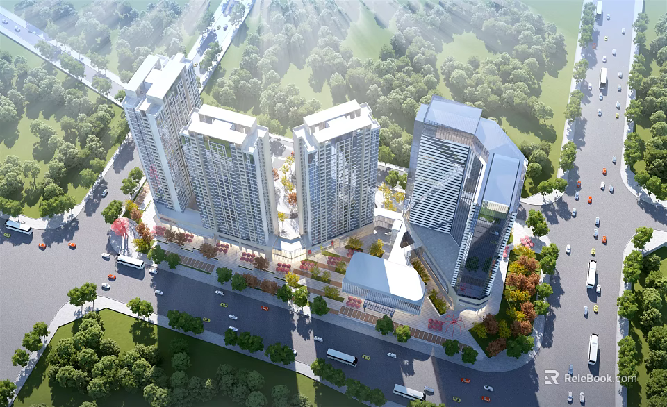 Aerial View Planning of Modern High Rise Buildings with Greenery and Roads in Urban Area 3d model 