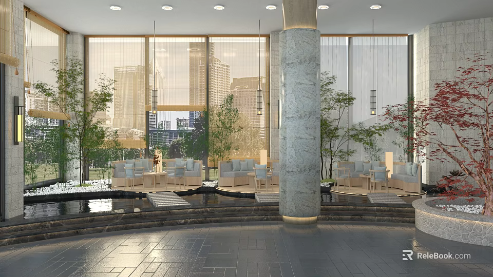 Modern Hotel Public Lounge With Large Windows City View Marble Column Sofas Greenery Water Feature 3d model 