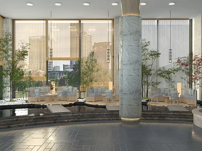 Modern Hotel Public Lounge With Large Windows City View Marble Column Sofas Greenery Water Feature 3d model