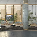 Modern Hotel Public Lounge With Large Windows City View Marble Column Sofas Greenery Water Feature 3d model