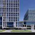Modern Office Building With Glass Facade And Tall Structure In Greenery Surrounding Area