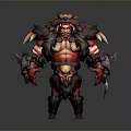 Fierce Muscular Orc Warrior With Brown Fur Red Decorations Skull Ornament Holding Weapons