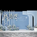 Elegant Blue Wedding Setup With Geometric Frames White Flowers And Angels 3d model