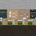 Neat Modern Classroom With Wooden Flooring Grid Walls Blackboard Student Works Green Storage Cabinets