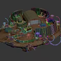 Sci Fi Model Scene Featuring Green Building Fence Vehicles And Purple Tentacles